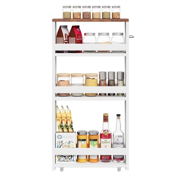 HaloHarness 4 Tier Slim Storage Cart, Narrow Rolling Utility Cart with Handle, Wooden Shelving Unit Organizer Trolley for Small Spaces Laundry, Kitchen, Dining Room, Living Room, Narrow Places, White