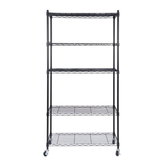 HaloHarness 5-Shelf Adjustable Storage Shelf, Heavy Duty Storage Shelving Unit with Wheels, Standing Shelves Metal Organizer Wire Rack for Kitchen Bathroom Pantry, 30" L x 14" W x 63" H, Black