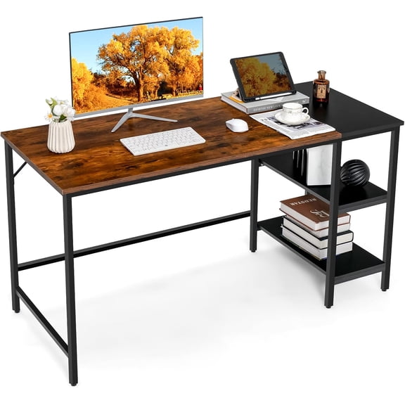 HaloHarness 55 Computer Desk, Large Home Office Desk with 2-Tier Storage Shelves, Modern Laptop PC Desk with Heavy-Duty Steel Frame, Multipurpose Writing Desk Study Desk (Rustic Brown)