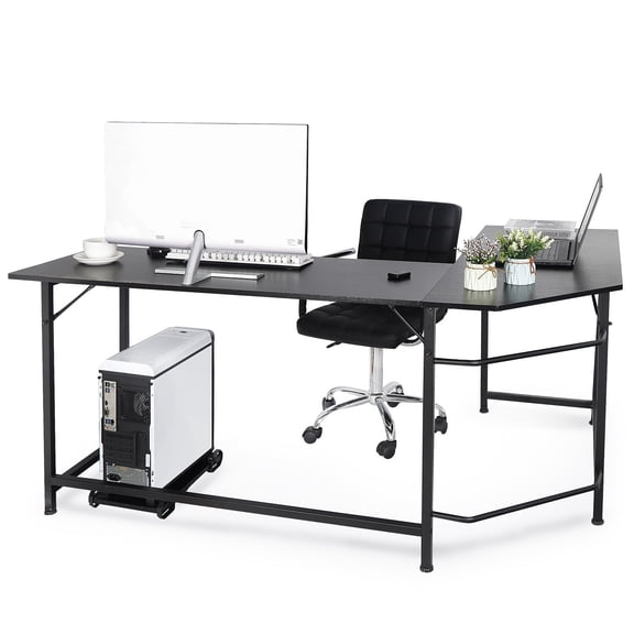 HaloHarness 66 Inch x 47 Inch Large L-Shape Corner Table Computer Workstation Bevel Edge Angle Design PC Laptop Table w/CPU Stand for Home Office - Black