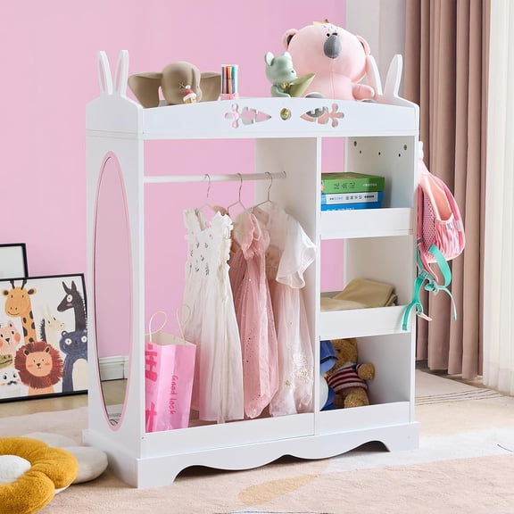 HaloHarness Kids Dress Up Storage with Mirror with 3 Hooks for Kids, White | Rabbit-Shaped Costume Wardrobe, Toddler Open Hanging Closet with Storage Shelves for Nursery Classroom Playroom