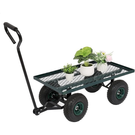 HaloHarness Metal Deck Garden Cart with 10 Air Tires, Heavy Duty Wagon Cart for Farm, Yard and Cargo,green