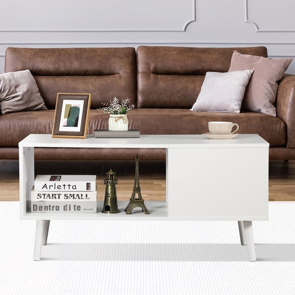 HaloHarness Mid Century Modern Coffee Table, Wooden Retro Coffee Table with Open Storage Shelf for Living Room, Reception, Easy Assembly (White)