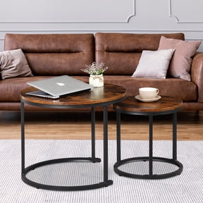 HaloHarness Nesting Coffee Table Set of 2, 23.6" Round Coffee Table Rustic Wood Top with Adjustable Non-Slip Feet, Industrial End Table Side Tables for Living Room Bedroom Balcony Yard