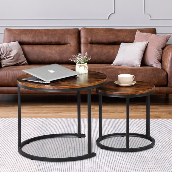 HaloHarness Nesting Coffee Table Set of 2, 23.6" Round Coffee Table Rustic Wood Top with Adjustable Non-Slip Feet, Industrial End Table Side Tables for Living Room Bedroom Balcony Yard