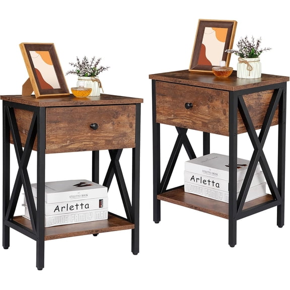 HaloHarness Nightstand Set of 2, Industrial End Tables with Drawer and Storage Shelf, Bedside Table Night Stands for Living Room, Bedroom, Halway, Sofa Couch, Antique Brown
