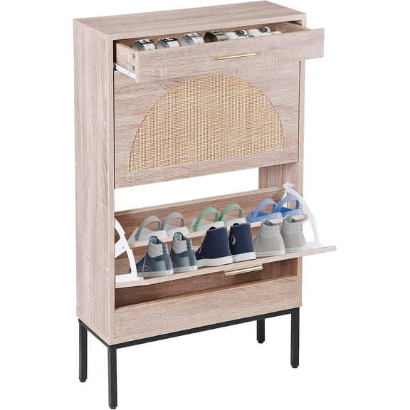 HaloHarness Shoe Cabinet Free Standing Rattan Shoe Racks with 2 Flip Drawers and Metal Legs for Heels, Narrow Shoe Rack for Sneakers, Leather Shoes Entryway, Hallway