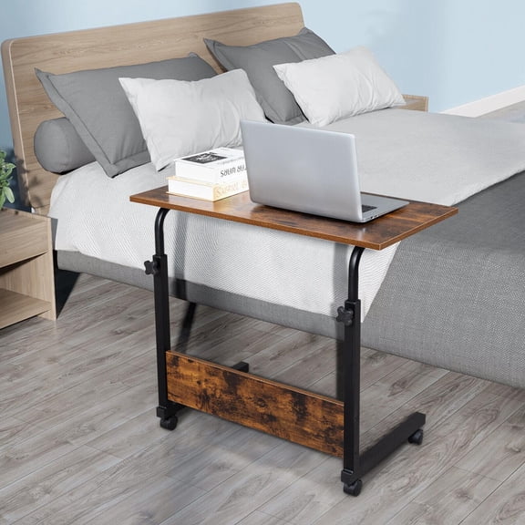 HaloHarness TV Tray Bed Side Table, Portable Rolling Desk Hospital Bed Laptop Table, Small Standing Desk with Wheels Adjustable Height for Sofa, Bedside, Tablet Use, Secure Non Tilt, 31.5" W, Brown