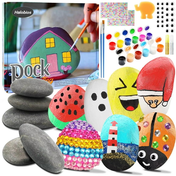 Halobios Rock Painting Kit, 12 Rocks for Painting, Arts and Crafts for Kids Ages 6-12, Rock Painting Kit for Adults, Art Supplies for Birthday Children's Day Gifts C51