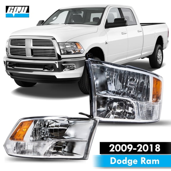 Halogen Chrome/Clear Lens Quad Style Replacement Headlights Pair Set for 2009-2018 Dodge Ram