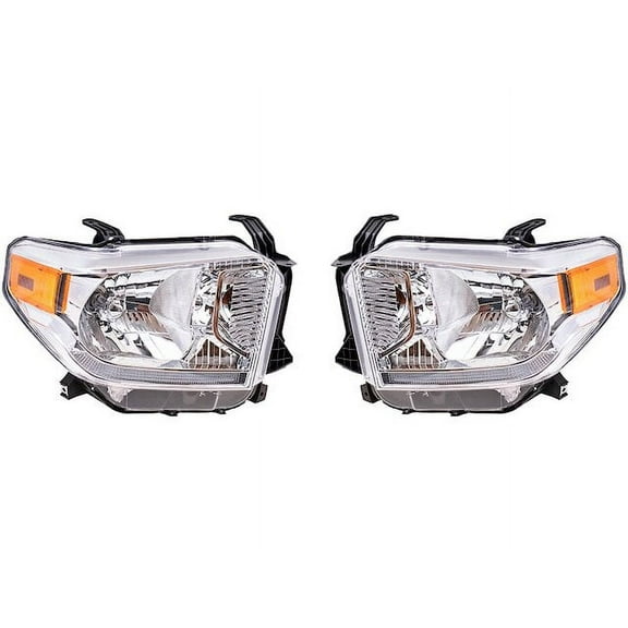 Halogen Headlight Assembly Set - with Chrome Bezel, Power Leveling, LED Daytime Running Lights - Compatible with 2014 - 2017 Toyota Tundra 5.7L V8 Extended Crew Cab Pickup 4-Door 2015 2016