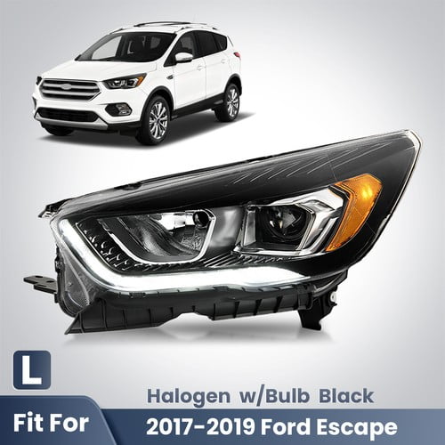 Halogen Headlight For 2017-2019 Ford Escape Black w/LED DRL w/Bulb Driver Side