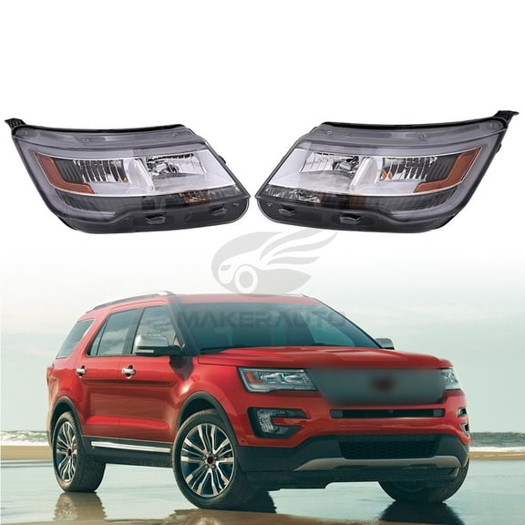 Halogen Headlights Pair for Ford Explorer 2016 2017 2018 2019 Left+Right Chrome With LED DRL