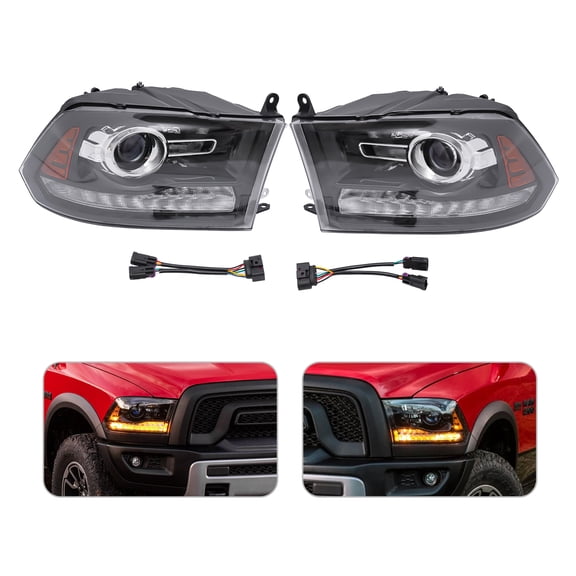 Halogen Headlights for 2013-2018 RAM 1500 2500 3500, LED Daytime Running Lights, Clear Lens, Direct Replacement