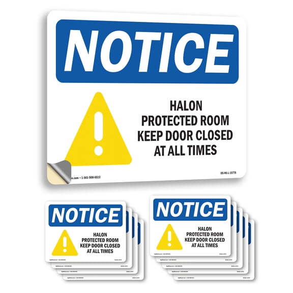 Halon Protected Room Keep Door Closed OSHA Notice Vinyl Decal Label 7 Inch x 5 Inch - 10 Pack