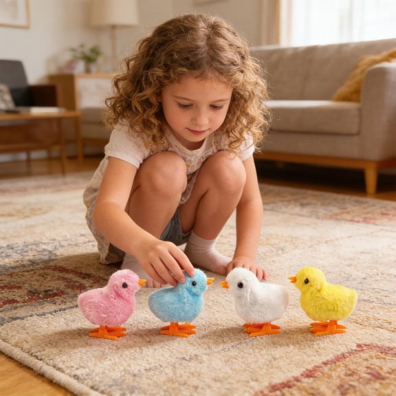 Halons Clockwork Chick Plush Toy - Wind-Up Fluffy Chick Ornament, Polyester & Plastic, Random Color Easter Decorative Toy for Tabletop/Shelf Display (3.15x3.15x2.36in)