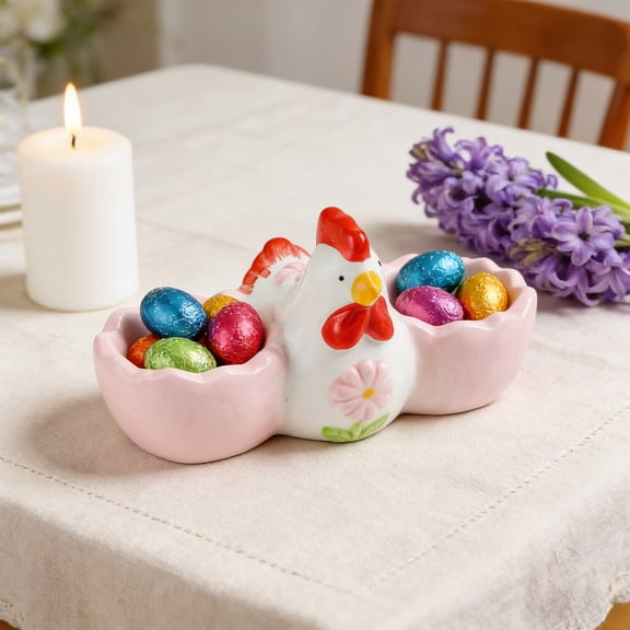Halons Easter Ceramic Egg Holder - Bunny Shaped Tray, Multicolor Ceramics for Holiday Table Decor & Ceramic Easter Decoration, Lightweight 0.44lb (6.4x1.2in)