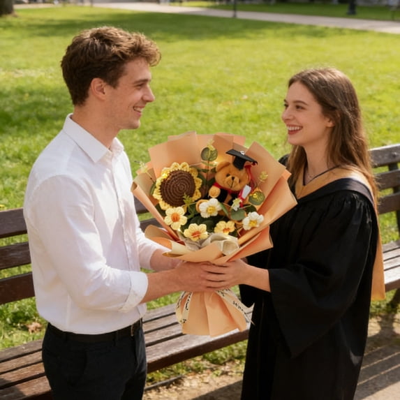 Halons Hand-Woven Sunflower Graduation Bouquet with Plush Bear, Polyester Multicolor 35 x 25 cm, Includes Greeting Card and Gift Bag, 2026 Graduation Celebration Gift
