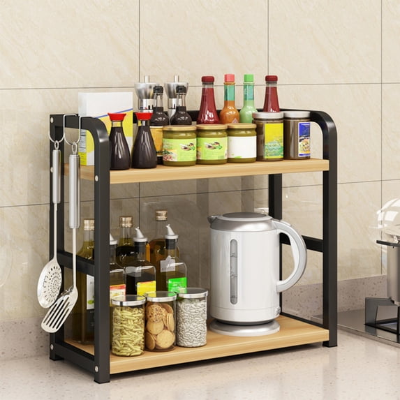 Halons Kitchen Storage Rack - Metal Two Tier Kitchen Rack, Spice Rack Organizer & Countertop Shelf, Black/Khaki/White, Household Item Storage (16.5x13.8x5.5in)