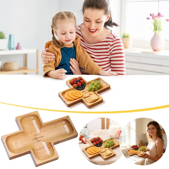 Halons Large Capacity Wooden Serving Bowl - Divided Wooden Tray, Food Platter for Parties & Daily Meals, Easy-to-Clean Reusable Wood Plate (12x8in) Large Capacity Wooden Serving Bowl - Di