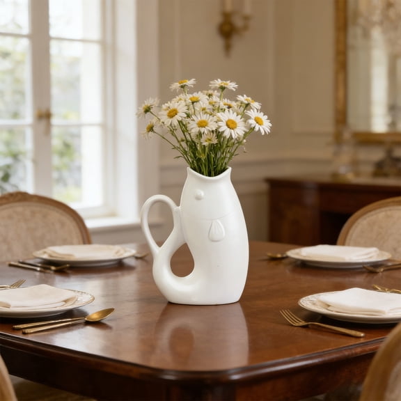 Halons Nordic Style Plastic Vase, White Fish Shape Home Decor, 5.9 x 4.3 in Matte Desktop Flower Vase for Dried or Fresh Flowers, Living Room and Office Decoration