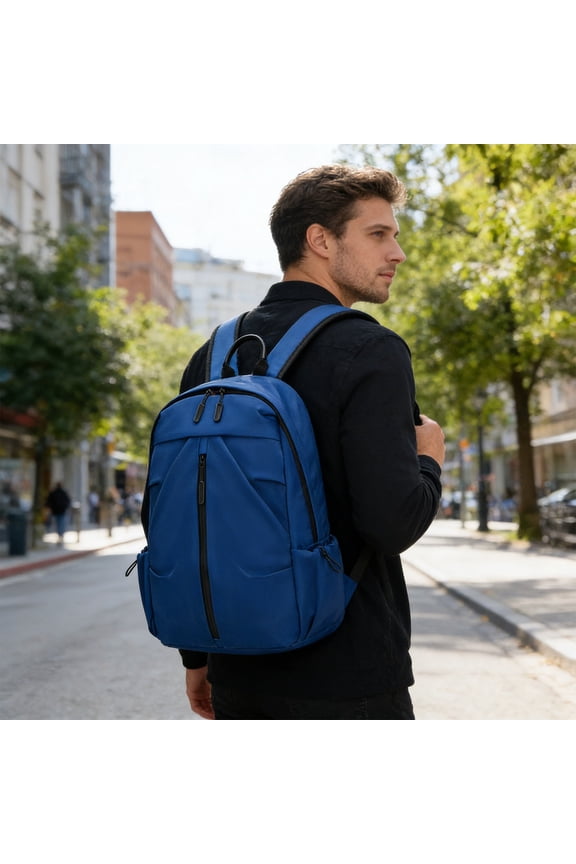 Nylon backpack, large capacity commuter bag with hand carry and shoulder straps, multiple compartments, reinforced zippers and buckles, sleek versatile style, black red blue