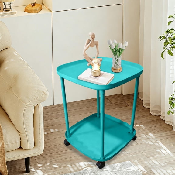 Halons Rolling Side Table with Wheels - Plastic Bedside Table, Double Tier Storage Table & Small Coffee Table for Bedroom/Living Room, 18.5x13.4x13.4in Rolling Side Table with Wheels - Pl
