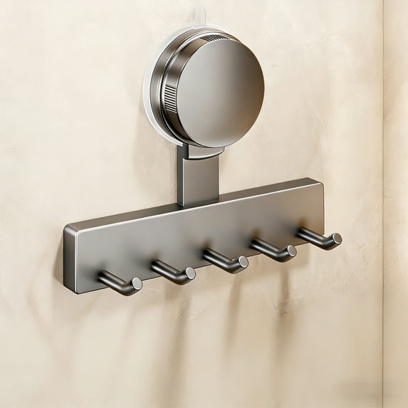 Halons Wall Mounted Suction Cup Hook Rack, No-Drill Plastic Organizer with Strong Load-Bearing, 3 or 5 Hooks, Gray/White, Storage for Towels Keys Scarves Kitchen Bathroom Entryway Closet
