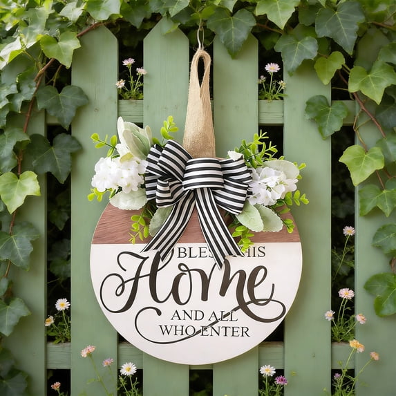 Halons Welcome Wreath - Round Wooden Multicolor, Indoor Outdoor Home Decor for Front Door Hanging, Bow Accent, Lightweight 0.44lb (11.8x11.8in) Welcome Wreath - Round Wooden Multicolor, I
