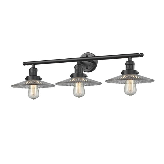 Halophane Oiled Rubbed Bronze 33-Inch Three-Light LED Bath Vanity with Halophane Cone Glass