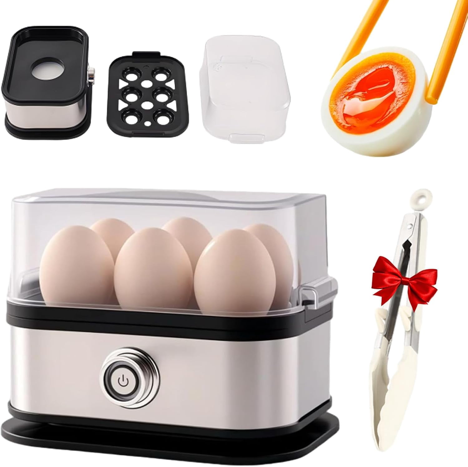 Halreactody Smart Egg Cooker with Auto Shut, Multifunctional Stainless Steel Egg Cooker, Holds up to 6 eggs, also steams other foods, and includes anti-scald tongs for safe handling (1 PCS)