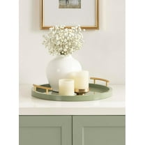 Halsey Decorative Wooden Round Tray with Polished Metal Handles, 16 Inch Diameter, Sage Green and Gold, Modern Glam Circle Serving Tray for Use as Ottoman Topper or Coffee Table Accent