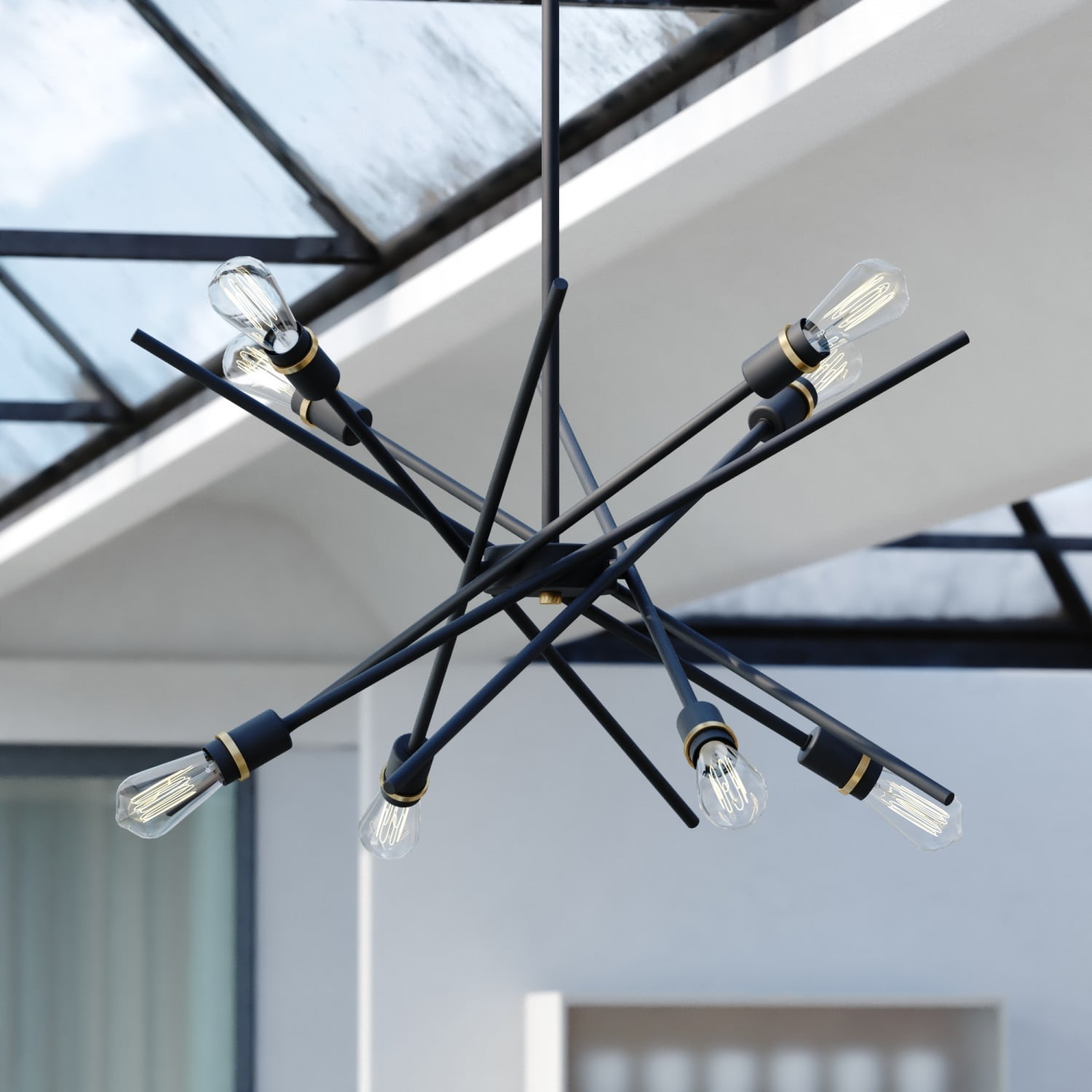 Halsted 29.25" Black and Satin Brass Mid-Century Modern Chandelier