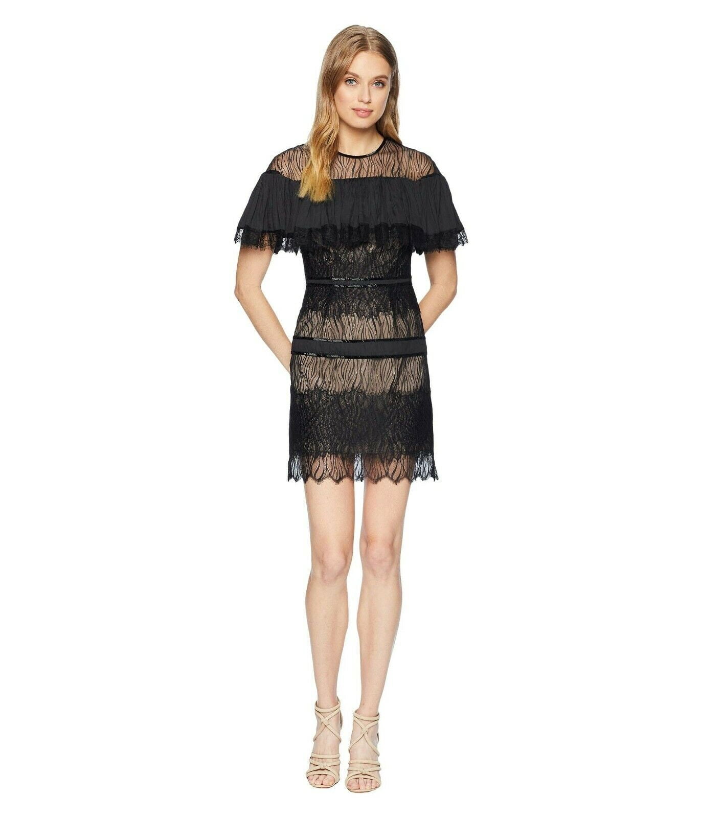Halston Heritage Women's Short Sleeve Pleated Lace Dress with Beading,  Black, 4
