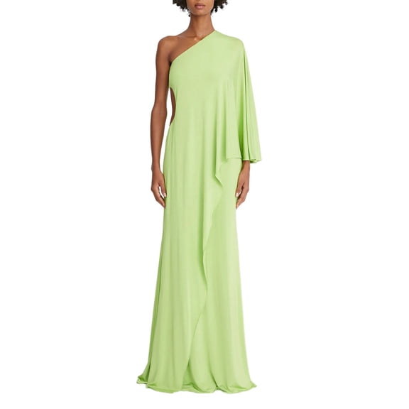Halston One Shoulder Bodycon Cascade Jersey Dress-NEON GREEN / 2