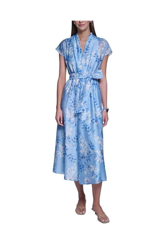 womens Butterfly Sleeve Linen-Blend Midi Dress, 4