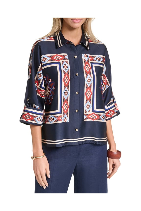 womens  Scarf Printed Button Up Blouse, l