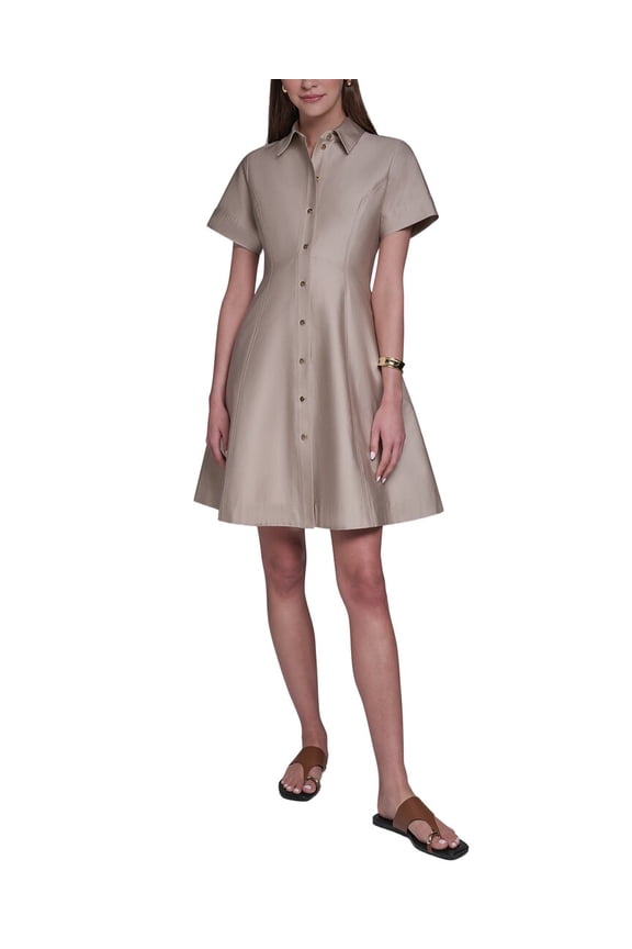 womens Short Sleeve Button-Up Sateen Shirtdress, 4