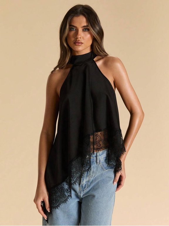 Halter Backless Trim Top for Women Sleeveless Satin Loose Fit Asymmetrical Hem Party