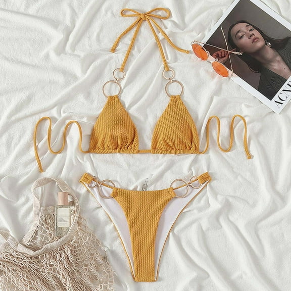 Halter Bikini Swimsuits for Women Ribbed Bathing Suits Strappy Bikini Top Thong Bottoms Two Piece Swimwear