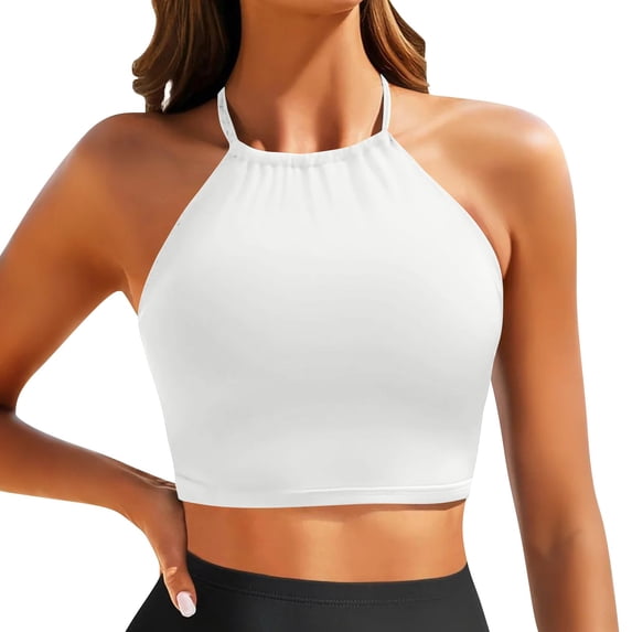 Halter Bikini Tops Women,Women Swim Top High Neck Bikini Top Only Halter Swimsuit Bathing Suit 2026 Modest Bathing Suit Top Sleeveless Crop Tank Top Slim Fit Yoga Summer Sports Solid Cami Blouse