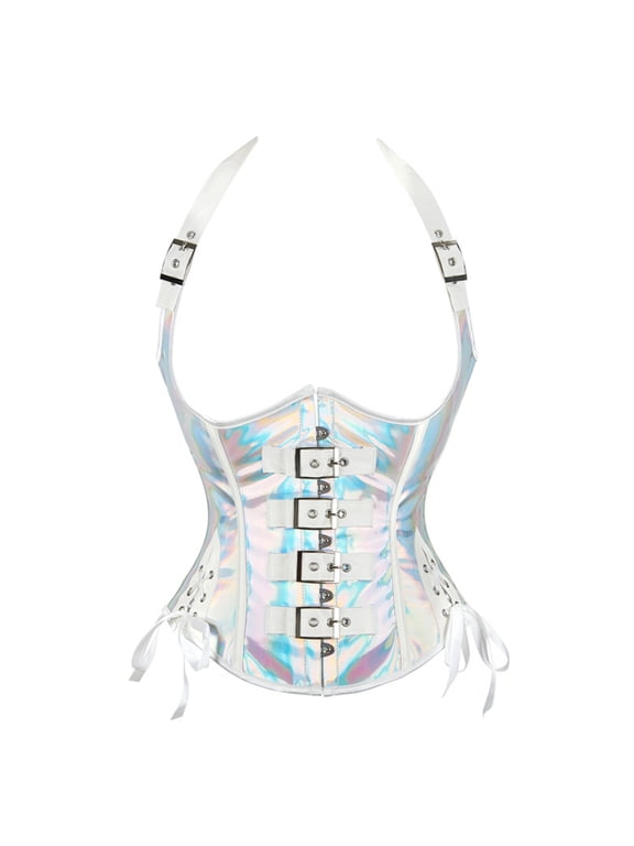 Halter Buckle Underbust Corset with Straps, Lace-Up Waist Cincher Belt Boned, Concert Club Tops for Women, Silver Size XL