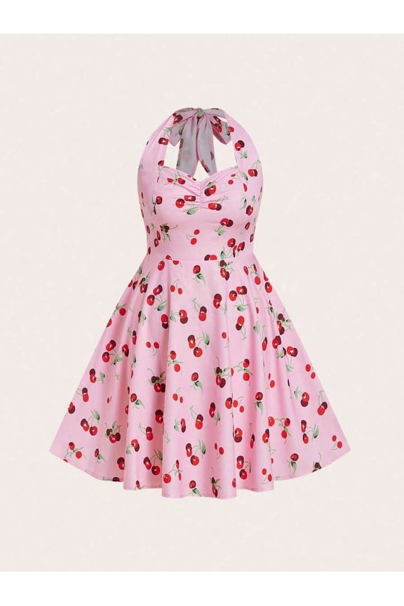 Halter Cinched Waist A-Line Dress with Cherry Print for Summer