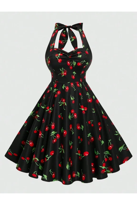 Halter Cinched Waist A-Line Dress with Cherry Print for Summer
