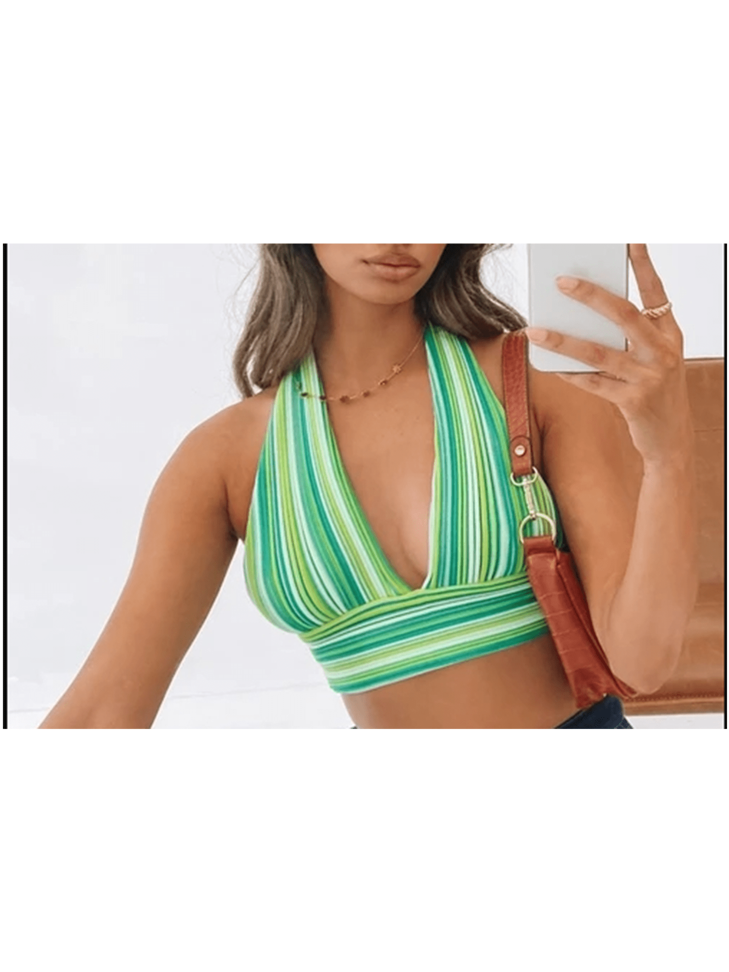Halter Crop Top for Women Built in Bra, Adults Sexy Sleeveless Backless Tie  Up Striped V-Neck Tops
