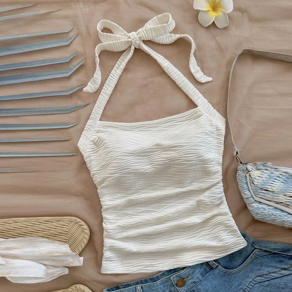 Halter Crop Tops for Juniors Y2K Cute Tie Back Sleeveless Ruched Cami Tank Tops for Birthday Party