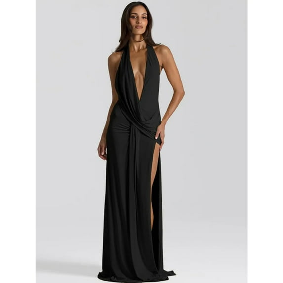 Halter Deep V Neck Backless Sexy Maxi Dress Women Gown Fashion Irregular Sleeveless Thigh High Split Club Party Dresses