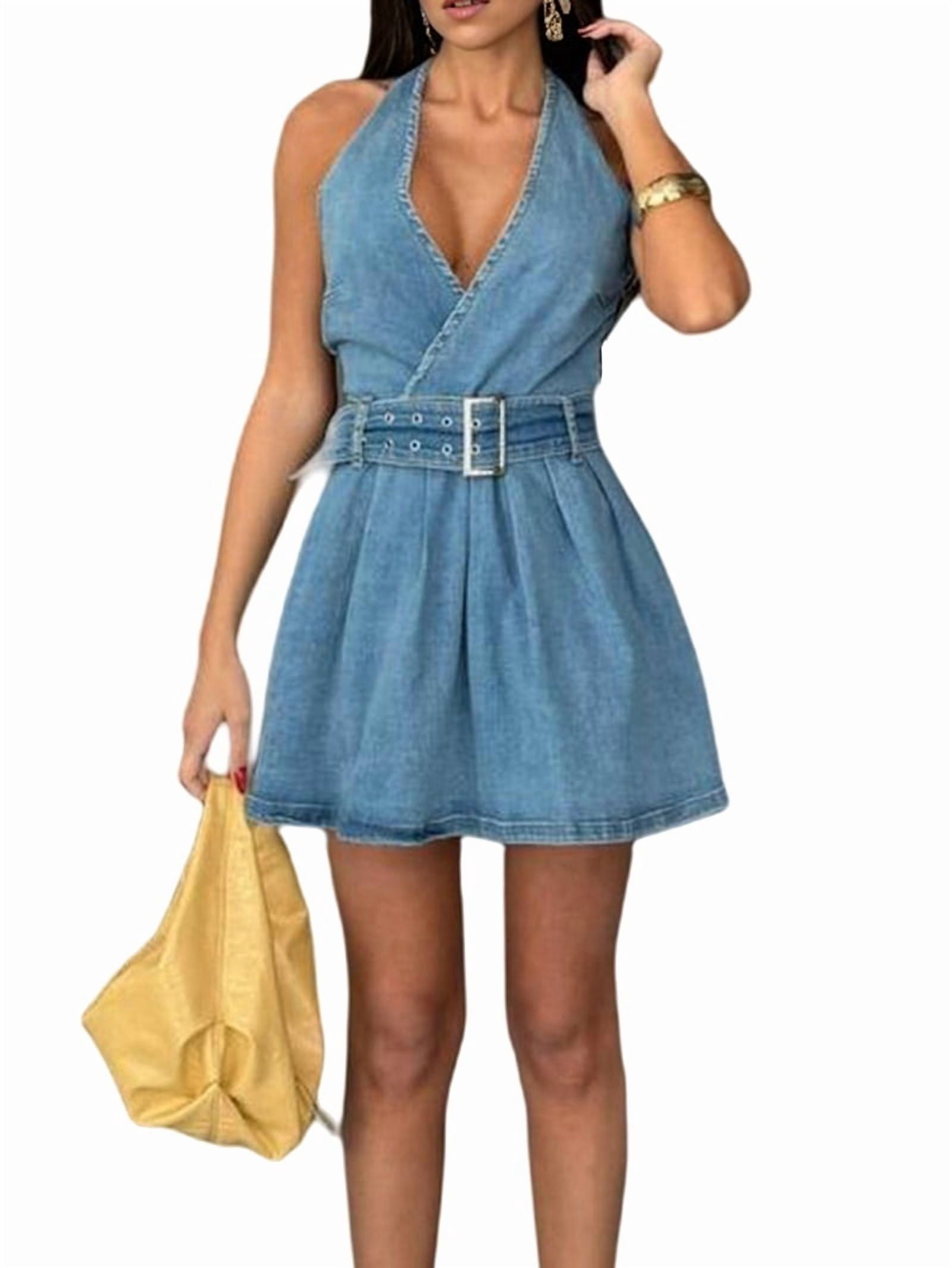 Halter Denim Mini Dress for Women Sleeveless Deep V Neck Backless Jean Dresses with Belted Blue L
