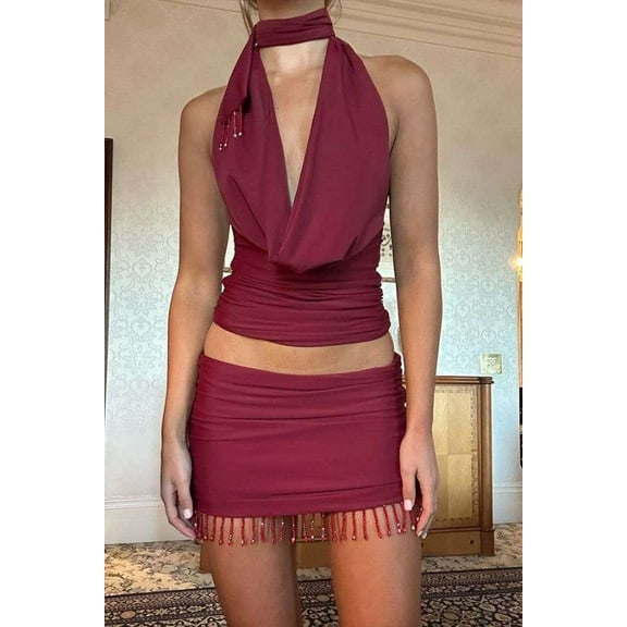 Halter Drape Top and Beaded Fringe Skirt (M, WineRed)