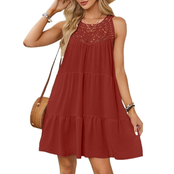 Halter Dress For Women Midi Sundress Lace Crochet Sleeveless Cover Ups A-Line Tiered Swing Summer Casual Dress Cogild